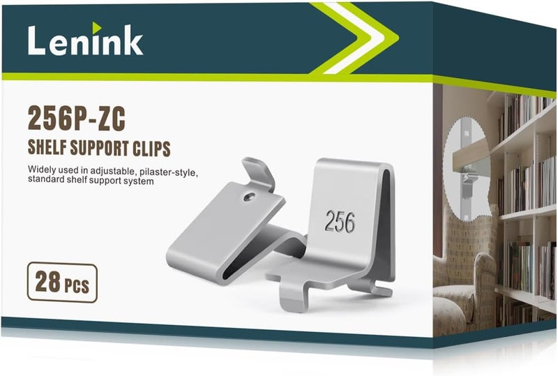 Lenink 28 Piece 256P-ZC Adjustable Pilaster Shelf Clip Shelving Brackets Clips for Metal and Wood Shelving - Image 1